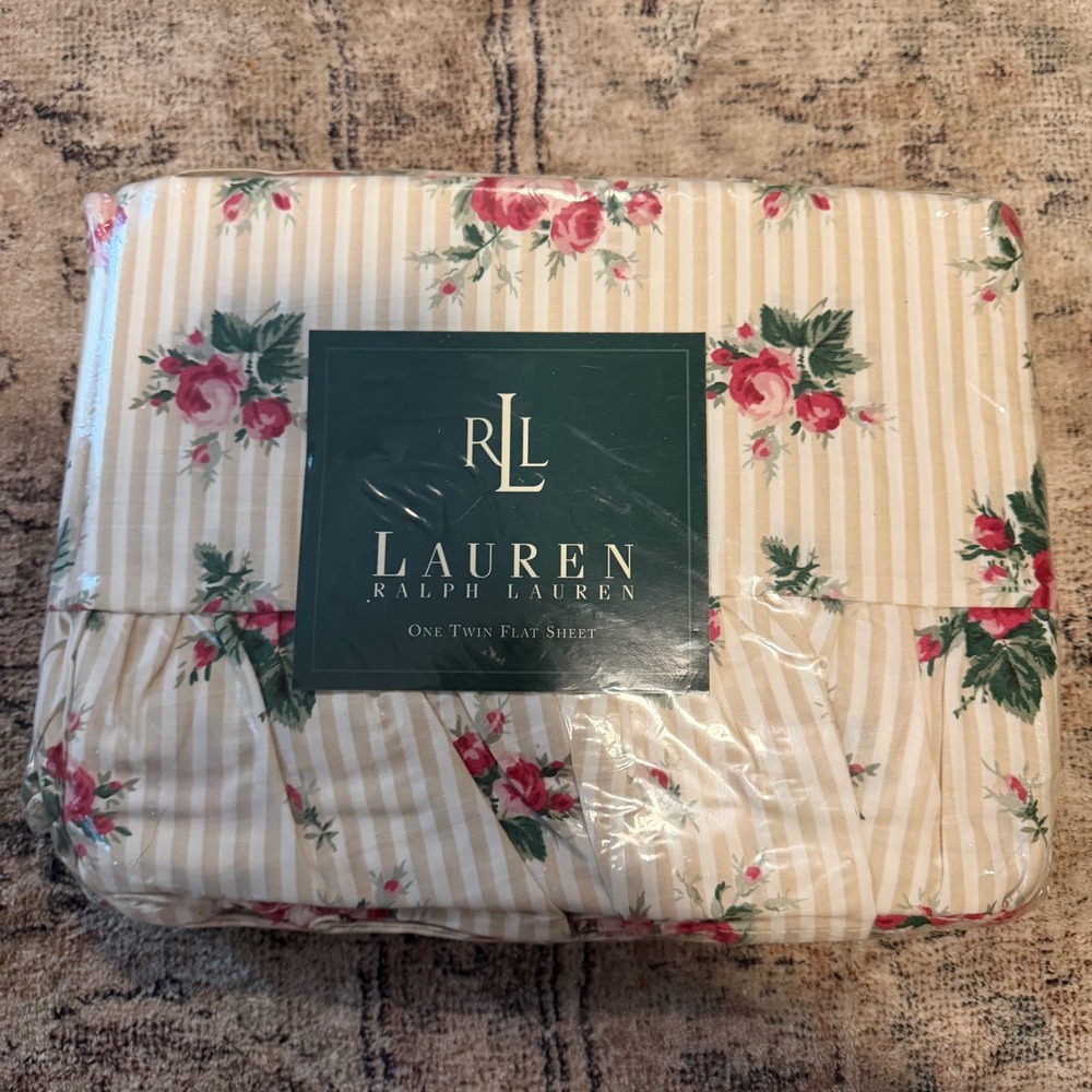 NWT VTG Lauren Ralph Lauren Twin Flat Sheet Marseilles Stripe Beige Pink Floral
